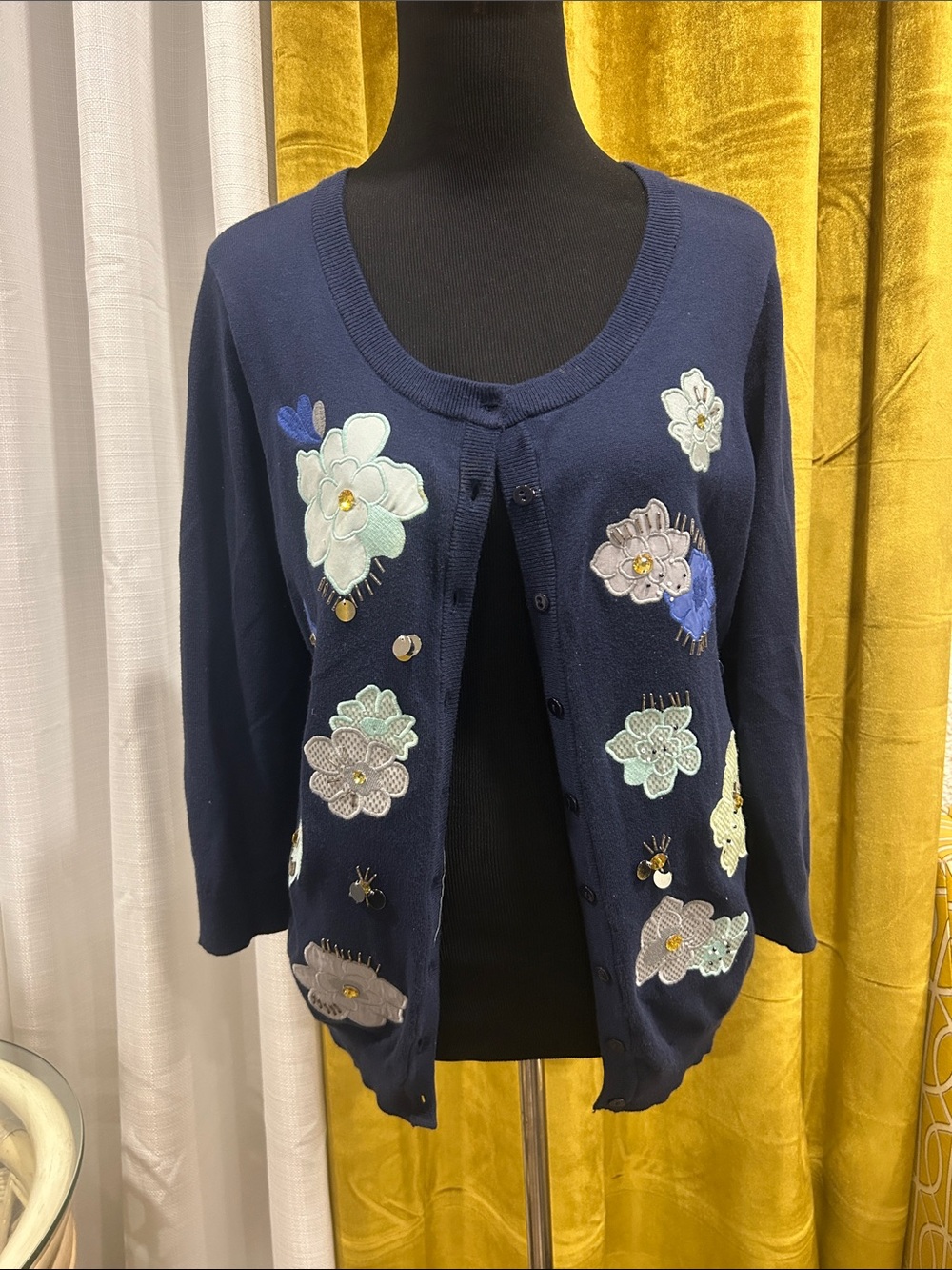 Charter Club - Navy Floral Cardigan Sweater/81% Cotton